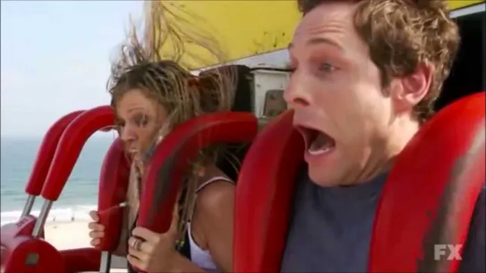 Dee and Dennis on a ride in episode 'The Gang Goes to the Jersey Shore' of 'It's Always Sunny in Philadelphia