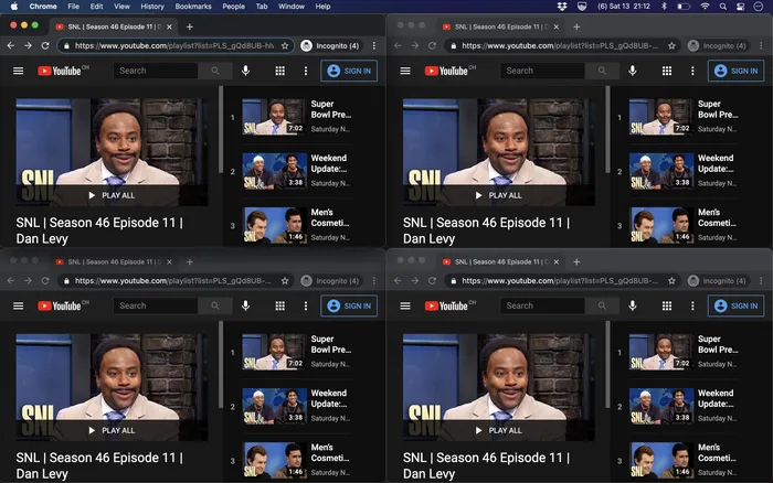 Four windows displaying the SNL YouTube channel