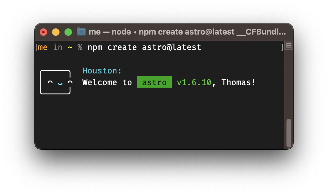 create-astro saying hi to me